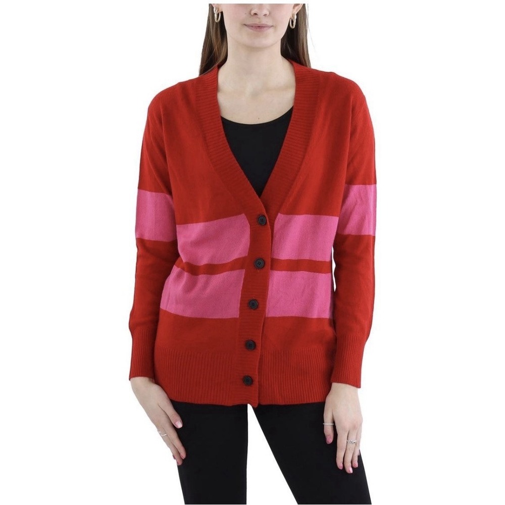 Madeleine Thompson Womens Button Del Ray‎ Cardigan Sweater Red & Pink Striped